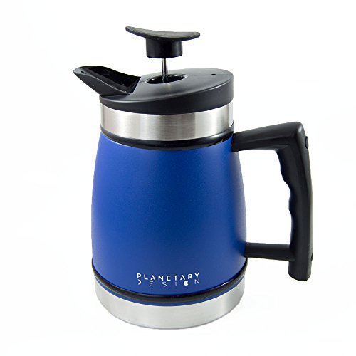 French Press Table Top Coffee and Tea Maker Carafe with Brü-Stop Technology - 32 oz - Stainless Steel with Grip Texture - Mountain Lake Blue