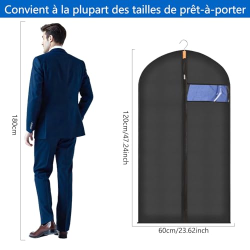 Sevenpers Lot de 6 housses de vêtements anti-mites translucides avec fermeture éclair, imperméables, anti-acariens, respirantes, 60 x 120 cm, noir