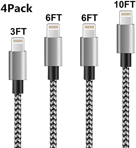 iPhone Cable, Grectek 4Pack 3FT 6FT 6FT 10FT Nylon Braided Charging Cord Charger, Lightning to USB Cable for iPhone 7, 7 Plus, SE, 6s, 6, 6 +, 5, 5s, iPad Air / Mini, iPod (Black White)