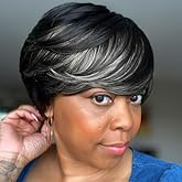 ToyoTress Short Pixie Cut Wigs - 4 Inch Black With White Bangs Short Layered Wig For Black Women, Light Yaki Straight Daily Costume Synthetic Hair Wigs Heat Resistant