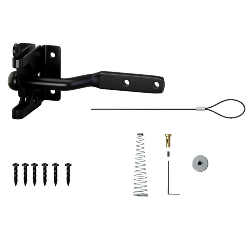 Self Locking Gate Gravity Latch, Carbon Steel Spring Loaded with Adjustable Gate Latch Cable Pull, Gate Latch for Wooden Fence, Fence Door Latch 144mm/5.67in