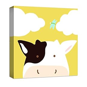 Canvas Wall Art Black and White Cow Painting Artwork for Home Prints Framed for Kids - 12x12 inches