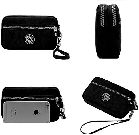MISOFE Three Layers Zipper Purse Waterproof Nylon Wristlet Bag Clutch Handbag Cell Phone Pouch