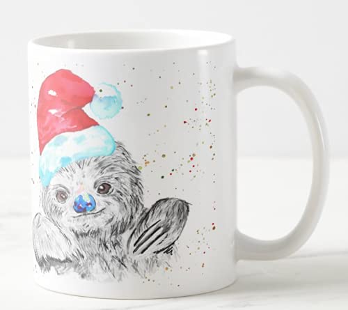 Vixar Christmas Sloth Watercolour Rainbow Art Coloured Mug Cup, Gift, Work, Office, Christmas Tea Coffee (White)