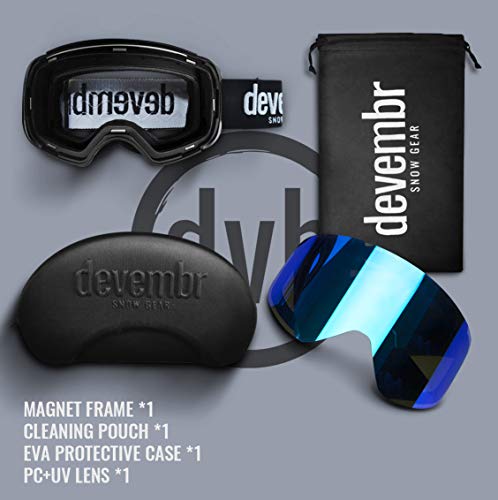 devembr OTG Ski Goggles PRO, Snowboard Goggles Anti-Fog, Magnet Interchangeable Lens, UV Protection, Helmet Compatible for Men & Women, Snow Goggles with Hard Case, Skiing Snowmobile Skating, VLT 18%