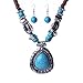 Qiyun Tibet Silver Blue Turquoise Stone Pendant Wooden Beaded Necklace Earrings Set