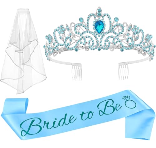 JETKONG 3 Pcs Bachelorette Party Decorations Bridal Shower Crown, Bride to Be Sash&Veil for Women Bachelorette Party Gifts, Bachelorette Party Supplies, Gifts, Favors (Blue)