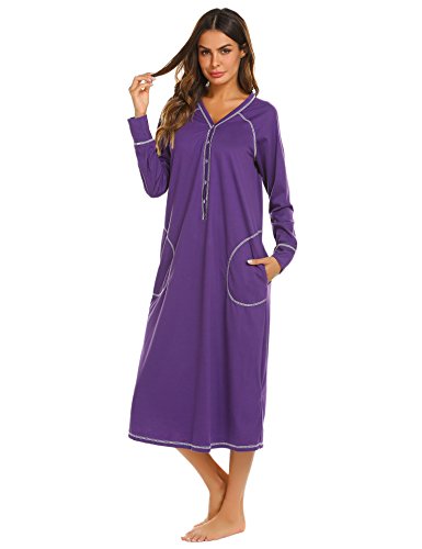 Ekouaer Women's Sleepwear Long Sleeve V-Neck Button Nightwear Purple Medium
