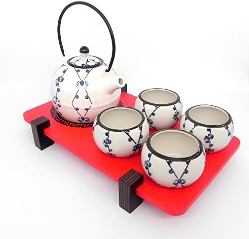 Ashbur Craftmanship 7 Piece Japanese Ceramic Tea Set, Ball-Shaped Style Blue Floral Pattern in White