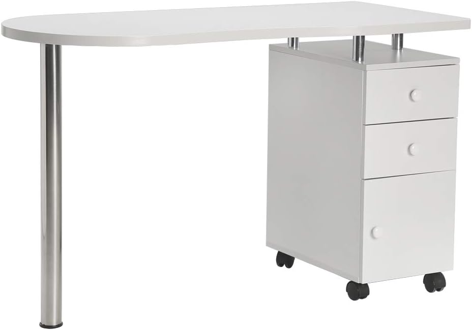 FCH Nail Table with 2 Drawers 1 Cupboard Wrist Rest on Top Table Mobile Beauty Manicure Table Station Salon Desk Equipment White Easy Put Together (Single Side)
