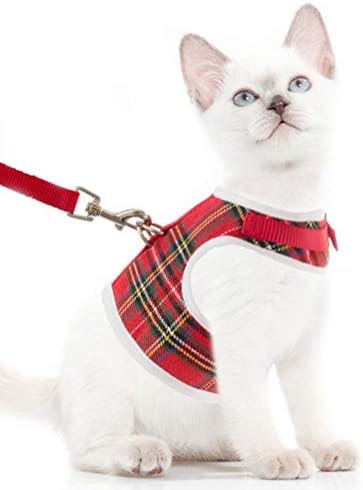 EXPAWLORER Christmas Cat Harness and Leash Set – Escape Proof Classic Plaid Adjustable Soft Mesh Vest Harnesses