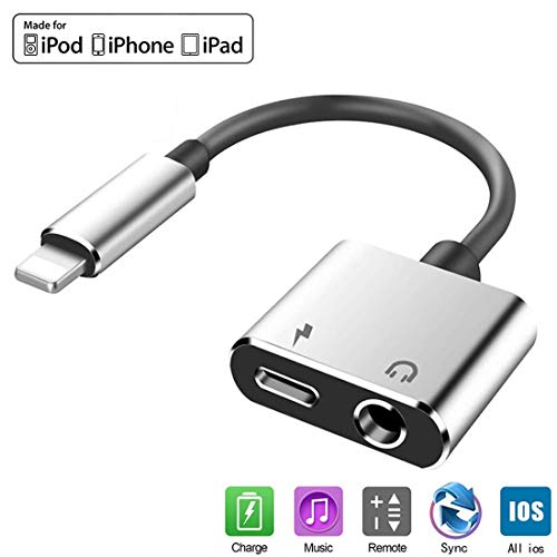Headphone Adapter for iPhone X Adapter 3.5mm Jack 2 in 1Dongle for iPhone Xs Max/XR/8/7/7 Plus Earphone Aux Adapter Accessories Splitter Adaptor Charger Cables & Audio Connector Support All iOS-Silver