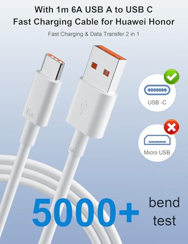 66W Fast Charger for Honor 400 200 600 Lite Smart Mains Chargers and 6A USB C Cable 1m Fast Charge for Honor Magic 6 7 8 Lite 6Pro V5 V3 X6b X6c X7b X8d X9c X9d for Pura 70 Pad 10 X9 X9a X8a