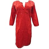 Mogul Women's Sexy Red Tunic Cotton Designer Dress Caftan Floral Embroidered Kurta