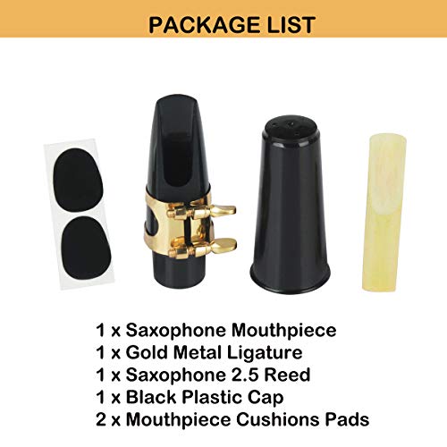 Alto Saxophone Mouthpiece Kit, Saxophone Mouthpiece with Metal Ligature, Saxophone 2.5 Reeds, Cushions and Plastic Cap