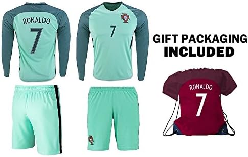 Ronaldo Jersey #7 Portugal LONG Sleeve Youth Soccer Jersey &amp; Kids Shorts + Ronaldo #7 Drawstring Backpack Premium Football Easter Gift for Boys Girls (Away Long Slv, YS 6-8 yrs)