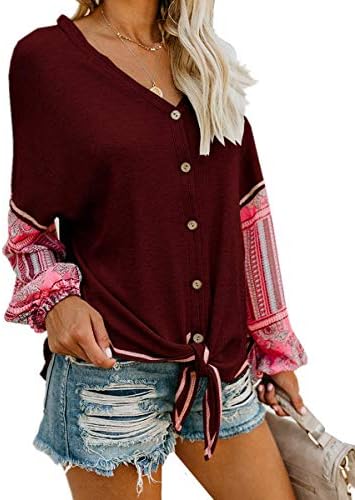 Unidear Womens Button Down V Neck Tie Front Long Sleeve Loose Fitting Henley Top