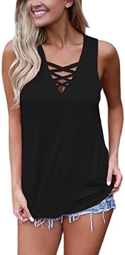 KABUEE Women's Sexy Deep V Neck Criss Cross Front Cami Tank Top Casual Sleeveless T Shirt Blouse (XL, Black)