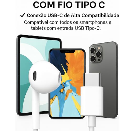 Fones De Ouvido Com Fio Tipo C Microfone Integrado Compativel iPhone 15 15 Pro 15 Pro Max 16 16 Pro Max Com Fio Fones Estéreo Compatíveis ANDROID LG Qualidade Premium