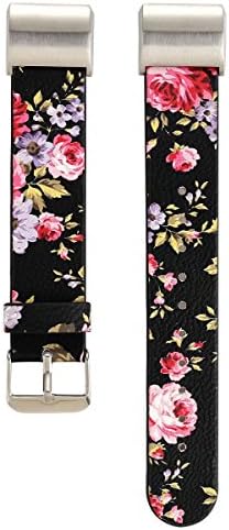 Fitbit Charge 2 Band, Leather Strap Wristband Unique Flower Bracelet with Sturdy Adapter for Fitbit Charge 2, Black&amp;Pink