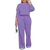 PINSV Women's 2 Piece Outfits Sweatsuit Set Long Sleeve Crop Top Drawstring Wide Leg Pants with Pockets Tracksuits Casual Set