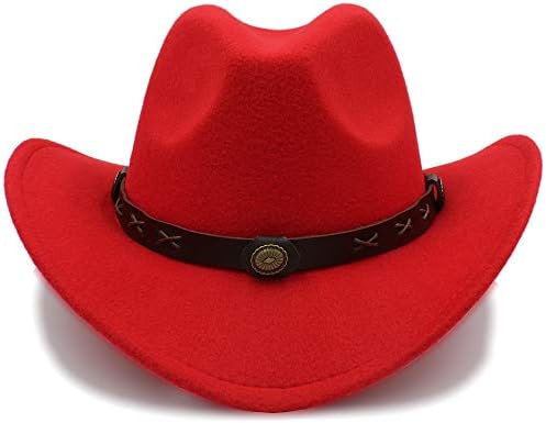 Techecho Pork Pie Hat Women Men Wool Western Cowboy Hat Wide Brim Cowgirl Cap Flower Charms Leather Band Size 56-58CM Ladies (Color : Red, Size : 56-58cm)