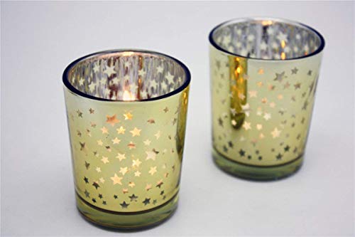 Candle Holder for Home Decor Wedding Party Celebration Laser Cut Mercury Glass 2.55-inch Tall Set of 6 (Gold Star)