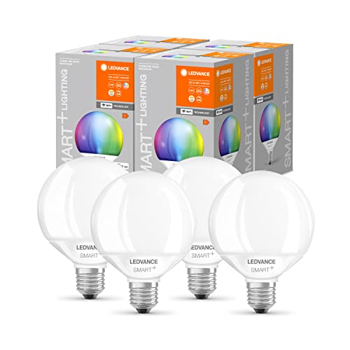 LEDVANCE Smart LED lamp with WiFi Technology, E27 Base, Dimmable, RGB Colours & Light Colour Changeable, Globeform, Matt, Replacement for Conventional 100W Bulbs, 4-Pack