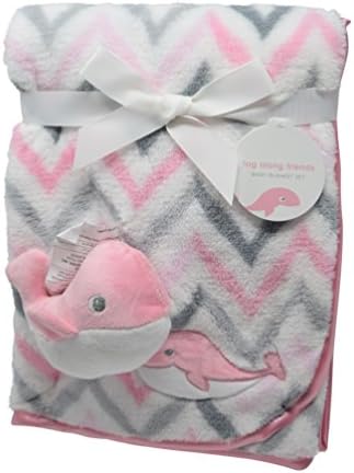 Chevron Printed Minky Cozy Baby Blanket With Satin Binding and Stuffed Animal Gift For Boys and Girls, Unisex, Stroller Blanket and Baby Shower Gift Tag Included (Pink Whale)