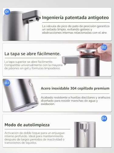 Automatic Soap Dispenser Stainless Steel:3 Modes,0.2s Fast Sensor | Anti-clogging Pump, No Drip, Waterproof Design, USB-C Rechargeable, for Bathroom Kitchen Homes Washing Hands and Dishes