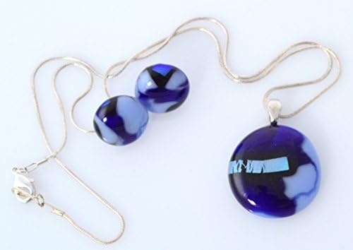 Beautiful handmade jewelry set / Dichroic glass pendant necklace earrings set / Blue-light blue &amp; cyan dichroic glass / Unique jewelry pieces / Wearable art glass