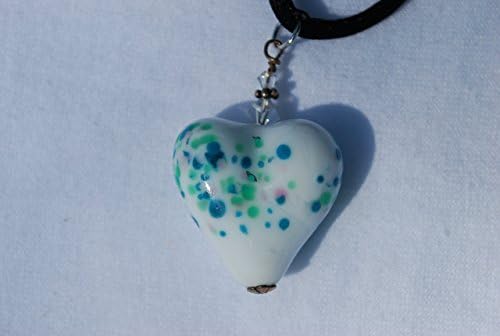 Artisian Lampwork Blue Green Speckled Puffy Heart Focal Bead Necklace 21.5 Inch, Black Silky Cord, Handcrafted Solid Sterling Silver Clasp, Womens Jewelry,