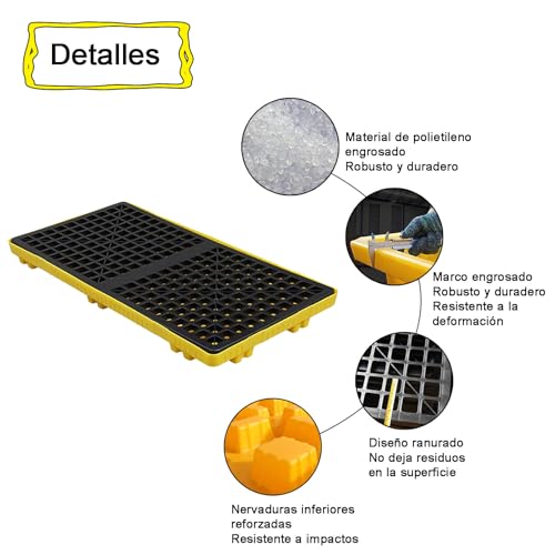 HJZALMI Plataforma Contención Derrames Industrial, Tarima Antiderrames De Plástico 2 Tambos, Bandeja Derrames Modular Paleta Rejilla Y Bolsillos Montacargas,Sumidero De 35L, 47.2x23.6x3.9in