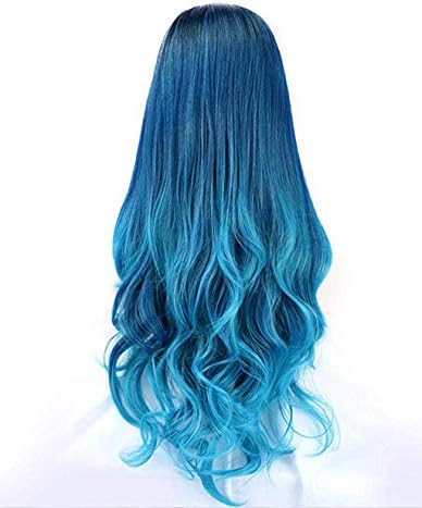 Xiaojmake Ladies Hair Wig Long Wavy Curly Cosplay Anime Costume Party Synthetic Full Top Wig with Bangs Blue Black Gradient