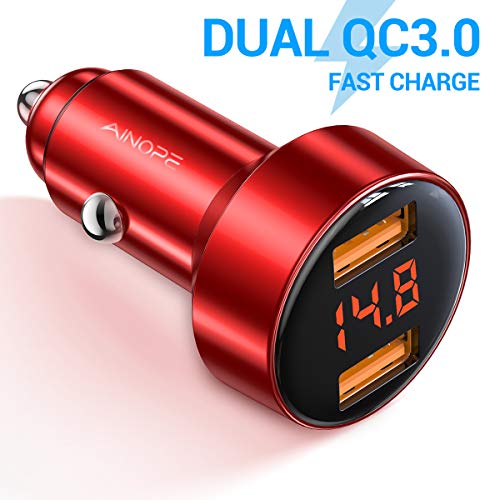 Fast Car Charger, AINOPE Dual QC3.0 Port 6A/36W USB Car Charger All Metal Cigarette Lighter USB Charger Voltage Display Compatible with iPhone 11/11 pro/XR/X/XS/8, Samsung Note 8/S9/S10+/S8 - Red