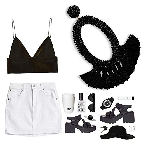 Women's Beaded Tassel Earrings Long Fringe Drop Bohemian Earings Dangle 7 Colors (Bead-Black) - Thumbnail 7