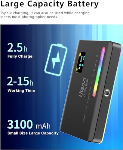 ULANZI VL120 RGB LED Video Light, 360° Full Color Portable Camera Light, CRI 95+ 2500-9000K Dimmable Panel Lamp w LCD, 3100mAh Rechargeable DSLR Lighting for Vlogging, Photography, Video Conference