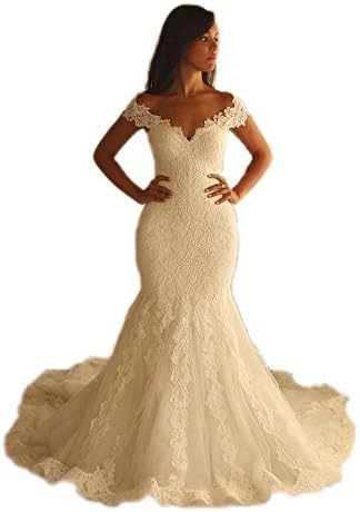 Fenghuavip V-neck Ivory Off-shoulder Long Train Brides Wedding Gowns Mermaid (12)