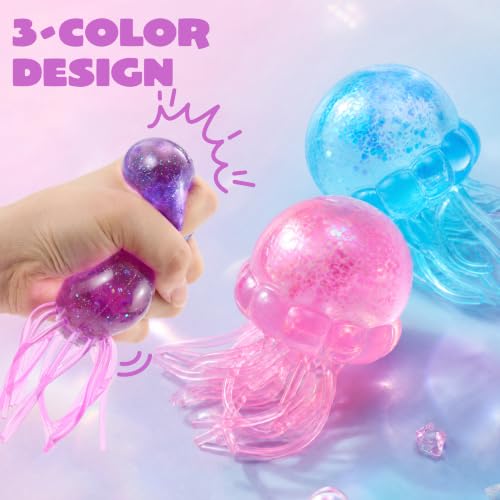JOYIN 3PCS Jellyfish Stress Relief Toys, Jellyfish Glitter Squishy Toys, Slow Rising Toy for Kids Adults, Anxiety Relief Fidget Toy, Soft Squeeze Decompression Dough for Gifts, Party Favors