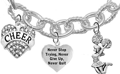 Cheer Crystal I Love To Fly, Crystal Never Stop Trying, Never Give Up, Never Quit, Jumping Cheerleader, Cable Chain Cheerleader Bracelet, Hypoallergenic, Nickel, Lead, And Cadmium Free