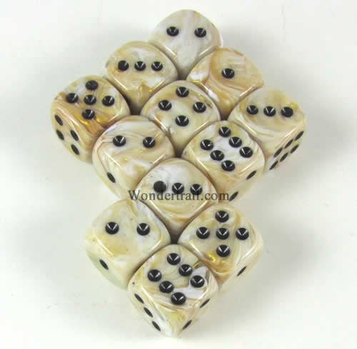 Ivory Marbleized with Black Pips 12mm D6 Dice Set of 12 Wondertrail WCX27802E12