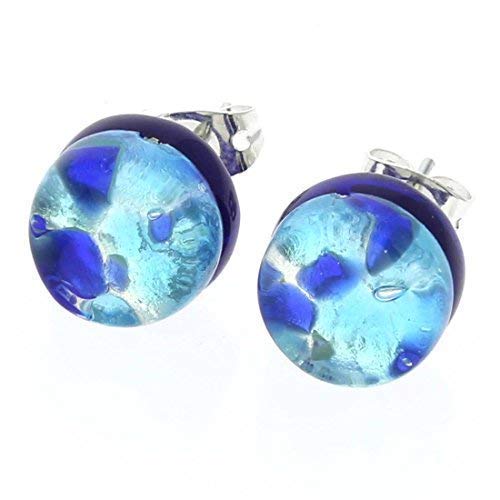 Glass Of Venice Murano Glass Earrings Studs - 3/8-Inch Round Stud Earrrings Blue Lined with Silver Leaf. Blown Glass - Murano Glass Earrings for Women Handmade in Italy