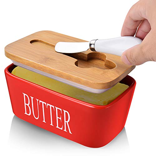 Large Butter Dish with Lid, Porcelain Butter Container with Knife Holds 2 Sticks of Butter with Double Silicone Seals design, Ceramic Butter Dish with Covers Perfect for East West Coast Butter,Red