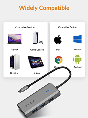 USB C Hub, iDsonix 5-in-1 Aluminum USB C Hub Docking Station with 4K HDMI, 60W Power Delivery, USB 3.0 5Gbps Data Ports, USB C Hub for MacBook Air/Pro, iPad, HP, Dell and More (Grey)