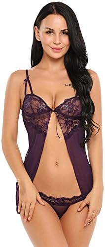 Transparent Lace Lingerie Sexy Erotic Hot Women Babydoll Chemise Night Dress,Purple,XL