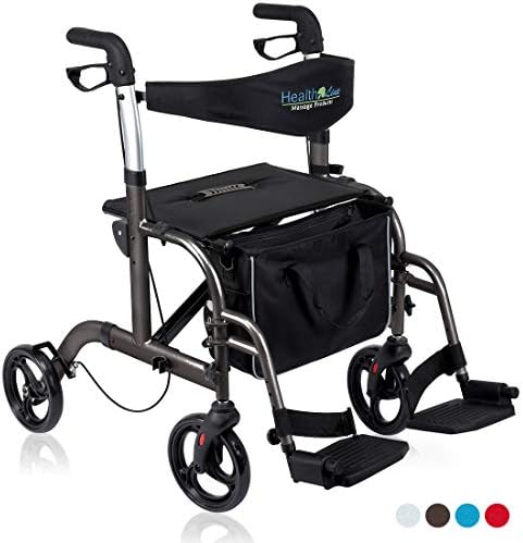 Health Line Combination Rollator and Transport Chair w/Paded Seatrest, Reversible Backrest, Detachable & Adjustable Footrests, Titanium
