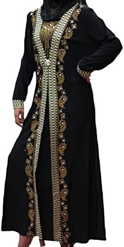 Freely Womens Long-Sleeve Embroidered Rhinestones Muslim Dress Golden L