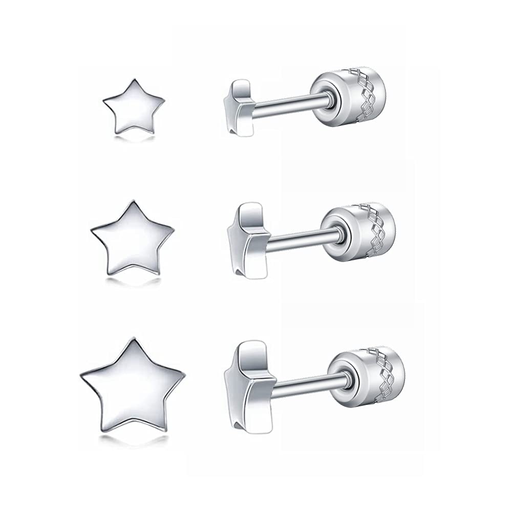 Hopply 3 Pairs Surgical Steel Stud Earrings Set for Women Girls,Hypoallergenic Multiple Tiny Ball Star Circle Simple Geometric Cartilage Helix Earrings Piercing Jewlry (3pairs,Silver,Star-3/4/5mm)