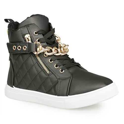 Twisted Women's Addison Quilted Faux Leather Hi-Top Fashion Sneakers with Gold Chain and Zipper Details- BLACK, Size 10