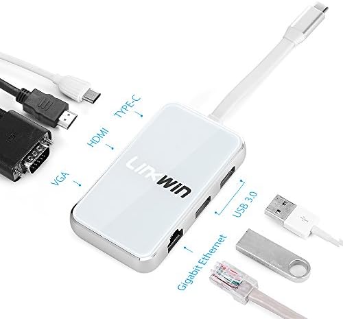 USB C Hub, Type C Adapter,Thunderbolt 3 to 4K HDMI Hub,60W Charging Docking Station with Enthernet Port, USB 3.0,VGA Port, for New MacBook Pro,Chromebook,Galaxy S8, Projector (White)